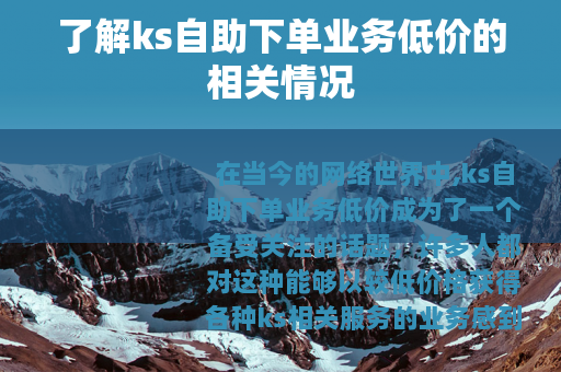 了解ks自助下单业务低价的相关情况