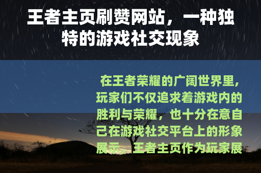 王者主页刷赞网站，一种独特的游戏社交现象