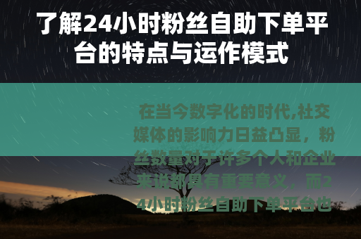 了解24小时粉丝自助下单平台的特点与运作模式