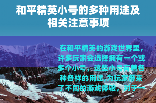 和平精英小号的多种用途及相关注意事项