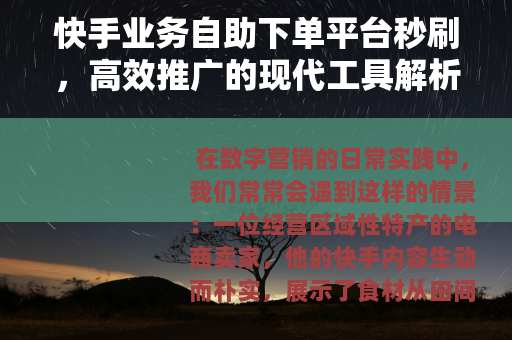快手业务自助下单平台秒刷，高效推广的现代工具解析