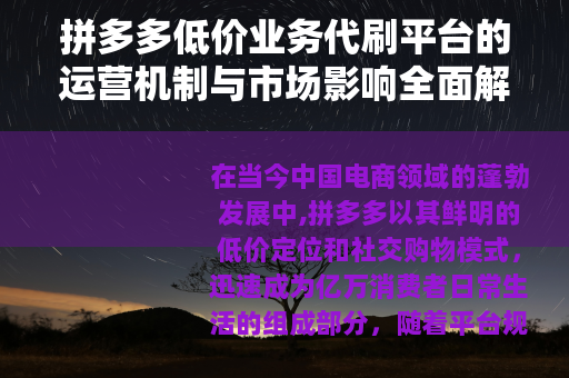 拼多多低价业务代刷平台的运营机制与市场影响全面解析