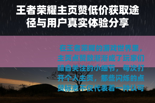 王者荣耀主页赞低价获取途径与用户真实体验分享