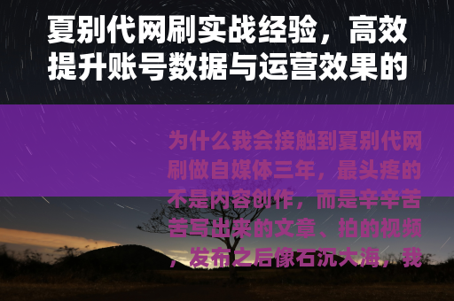 夏别代网刷实战经验，高效提升账号数据与运营效果的完整指南