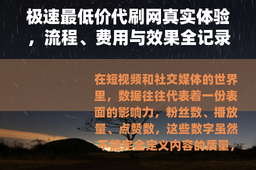 极速最低价代刷网真实体验，流程、费用与效果全记录