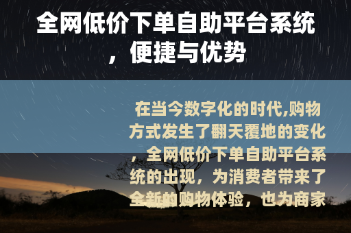 全网低价下单自助平台系统，便捷与优势