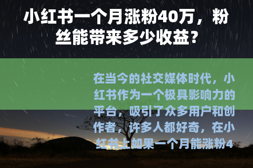 小红书一个月涨粉40万，粉丝能带来多少收益？